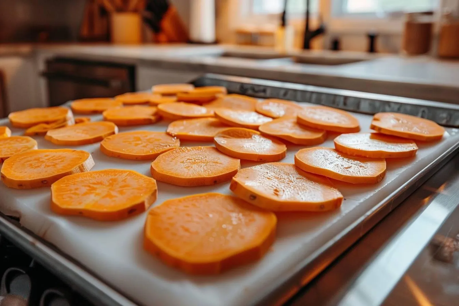 Des patates douces cuites, en cubes et en purée, prêtes à être congelées dans une cuisine claire.