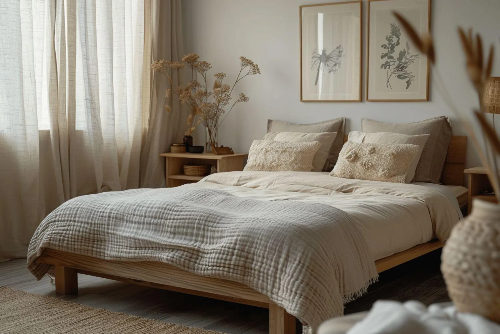 Un parent assemble un lit Montessori en bois dans un intérieur lumineux, avec outils de bricolage et chambre d’enfant en arrière-plan.