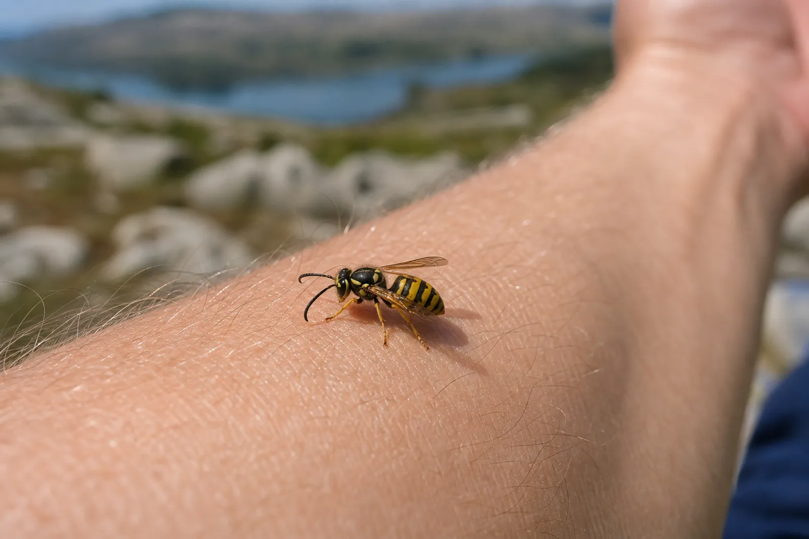 Gros plan sur une guêpe posée sur une peau, en extérieur, lumière naturelle d'été.