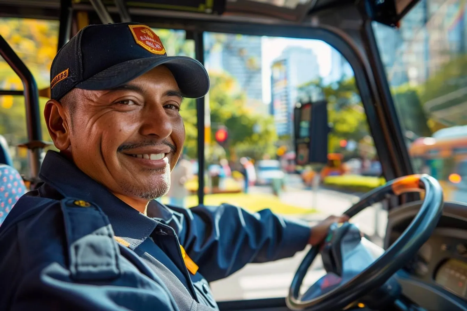 Un chauffeur de bus au volant d’un bus urbain moderne, dans une ambiance de circulation matinale.