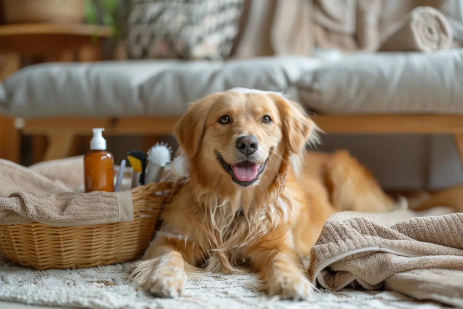 Un chien calme est brossé délicatement par son maître dans un intérieur lumineux, avec un gros plan sur son pelage et sa peau.
