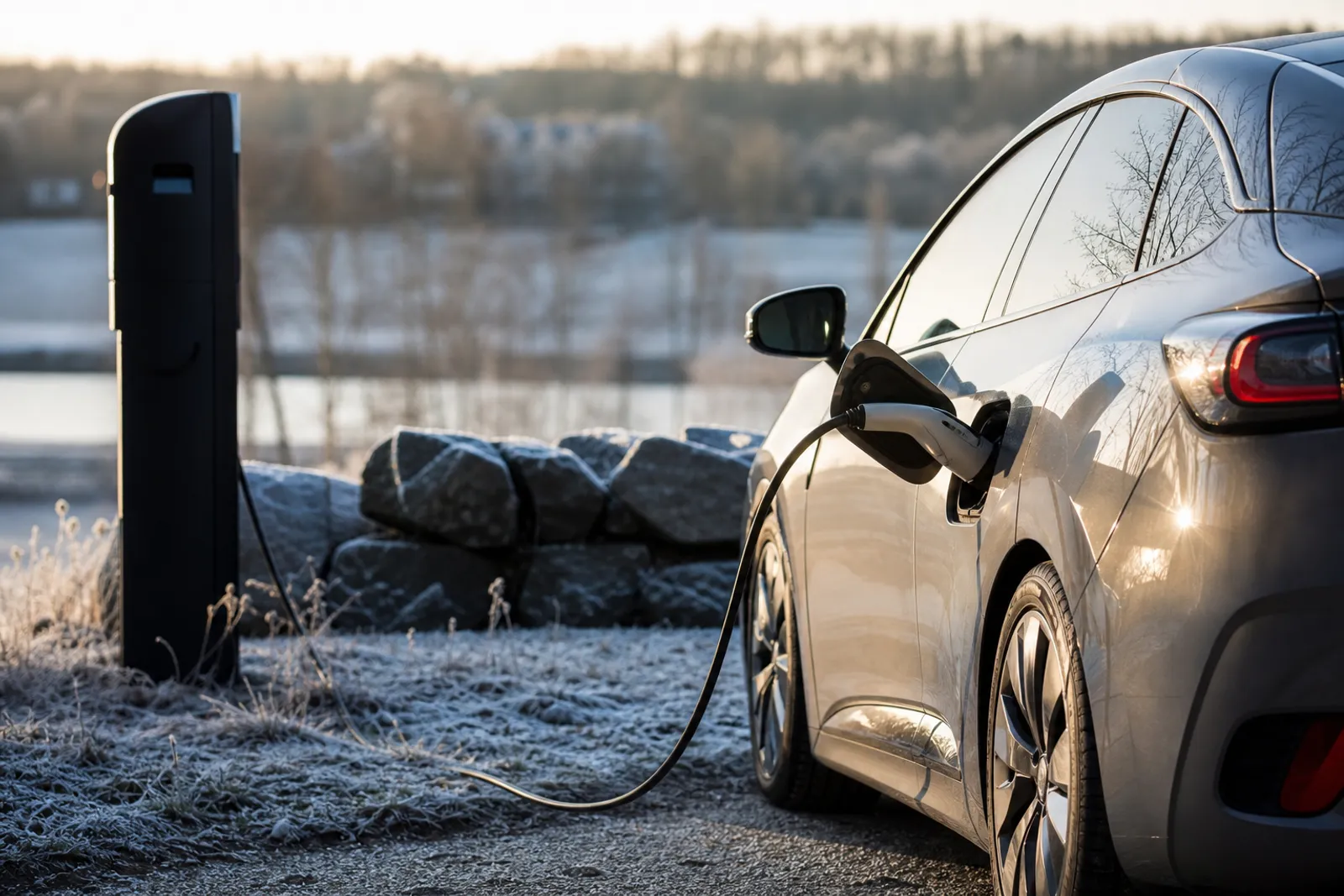 Une voiture électrique en charge sur une borne, garée sous un ciel hivernal avec une légère gelée au sol.