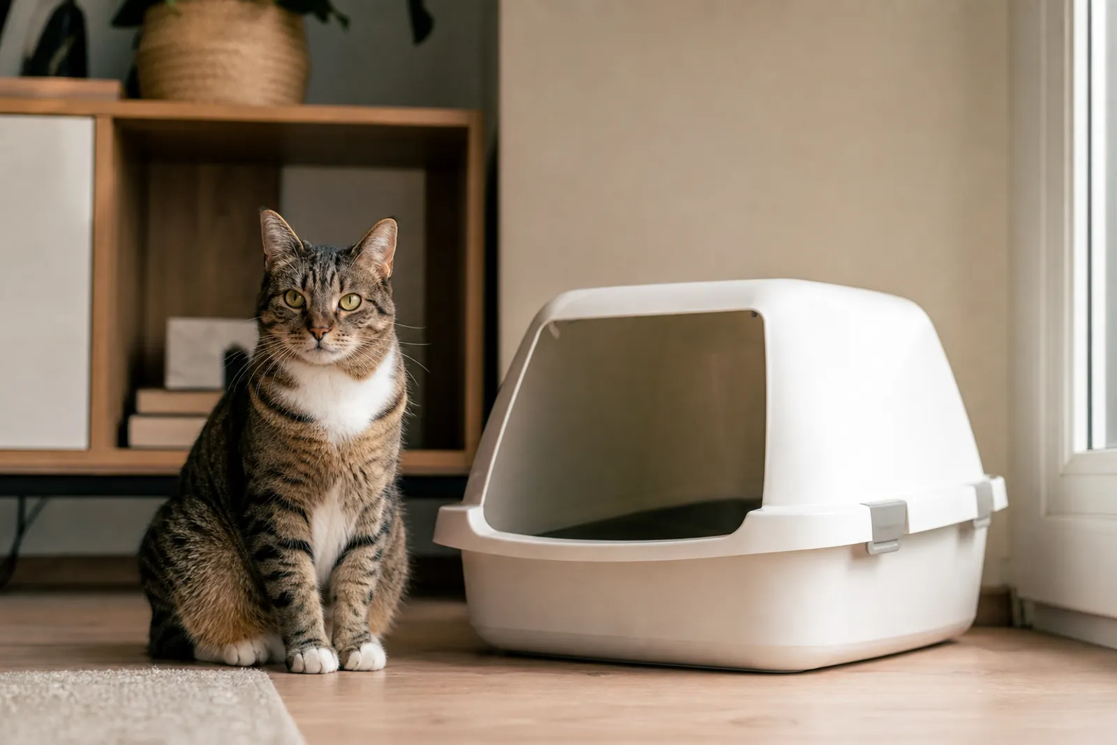 Un chat domestique assis à côté de son bac à litière propre, dans un intérieur calme et lumineux.