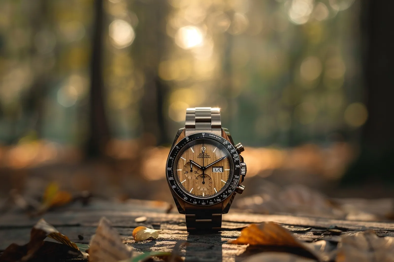 Une montre en bois posée sur un bureau en lumière naturelle, avec un rendu chaleureux et sobre.
