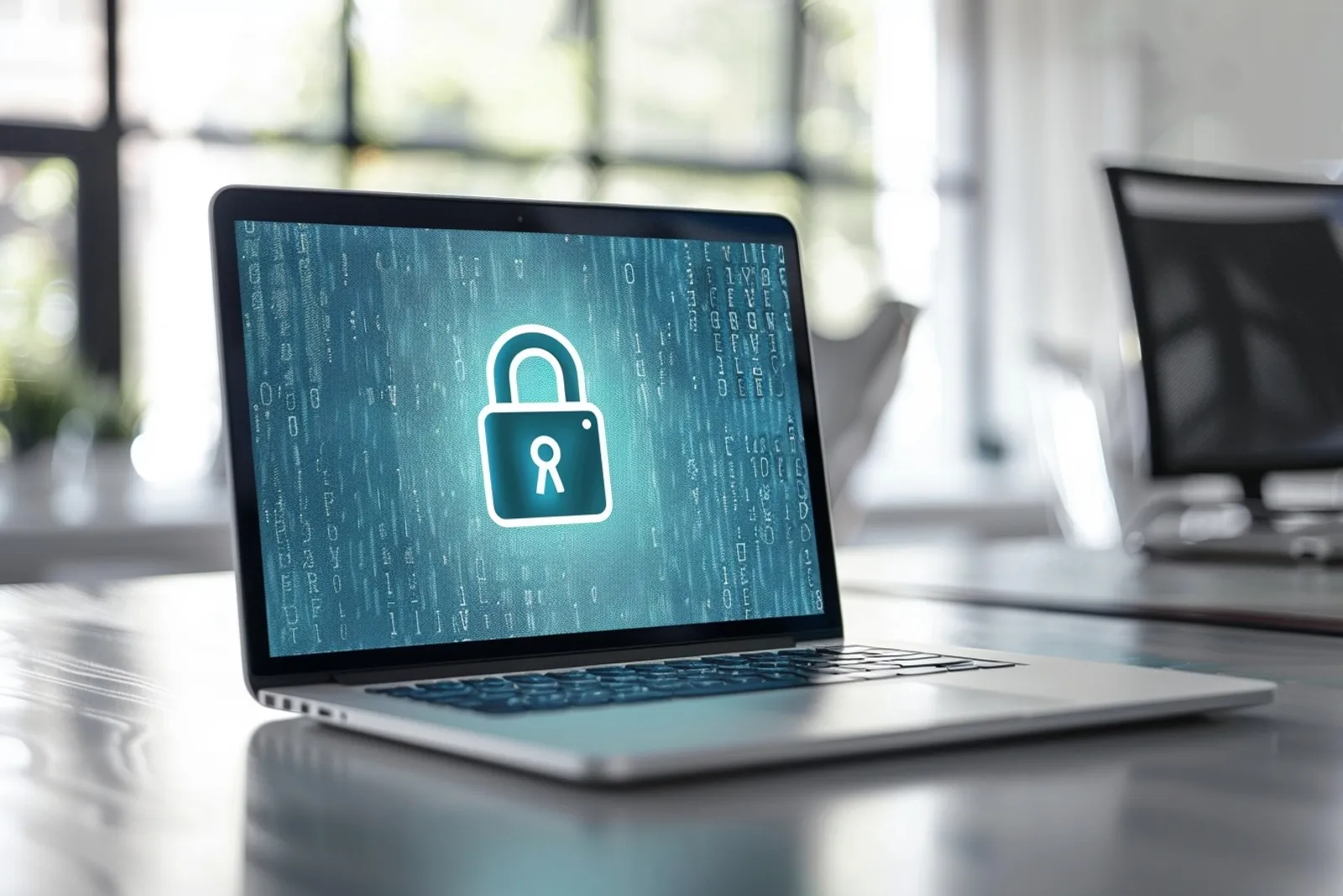 Une petite équipe de PME examine des mesures de cybersécurité dans un bureau moderne, autour d’un ordinateur portable et de documents.
