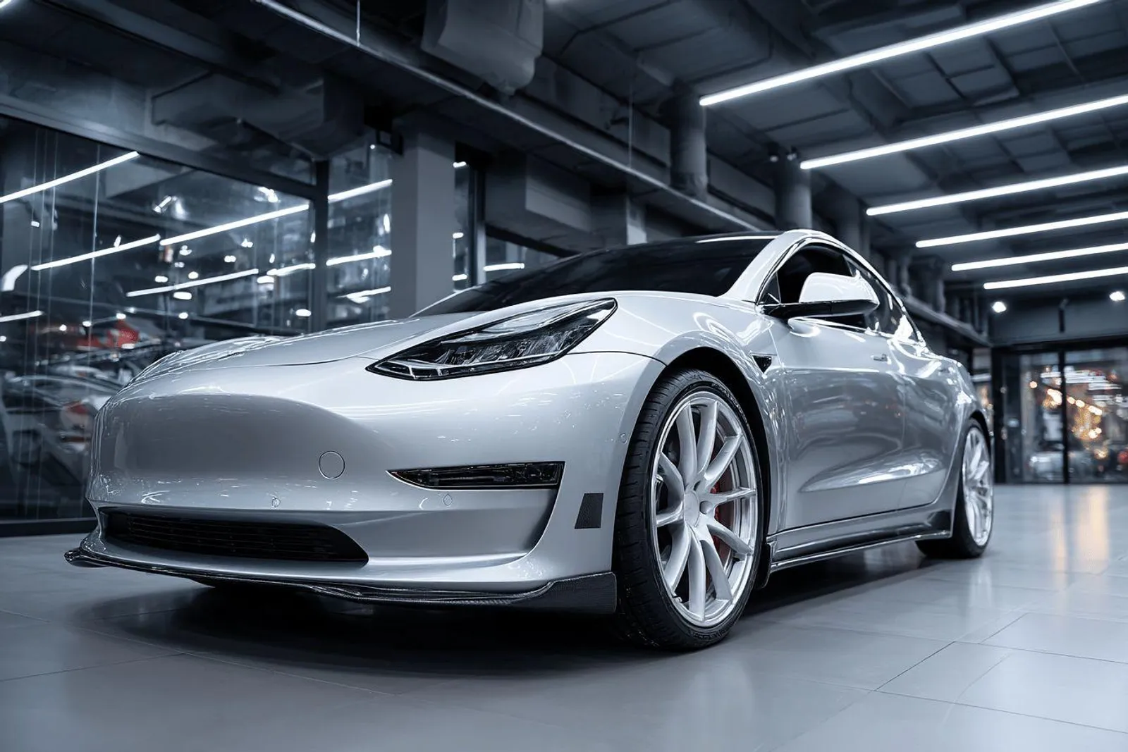 Un jeune conducteur compare un devis d’assurance à côté d’une Tesla garée dans une allée résidentielle.