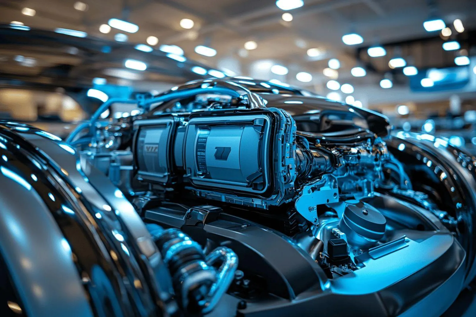 Un mécanicien remplace la batterie d’une voiture diesel dans un atelier moderne, capot ouvert et outils de diagnostic visibles.