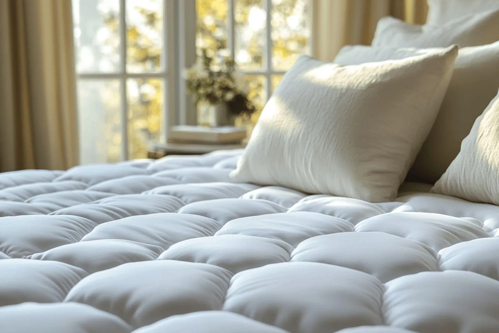 Un protège-matelas silencieux est installé sur un lit, dans une chambre lumineuse et calme.