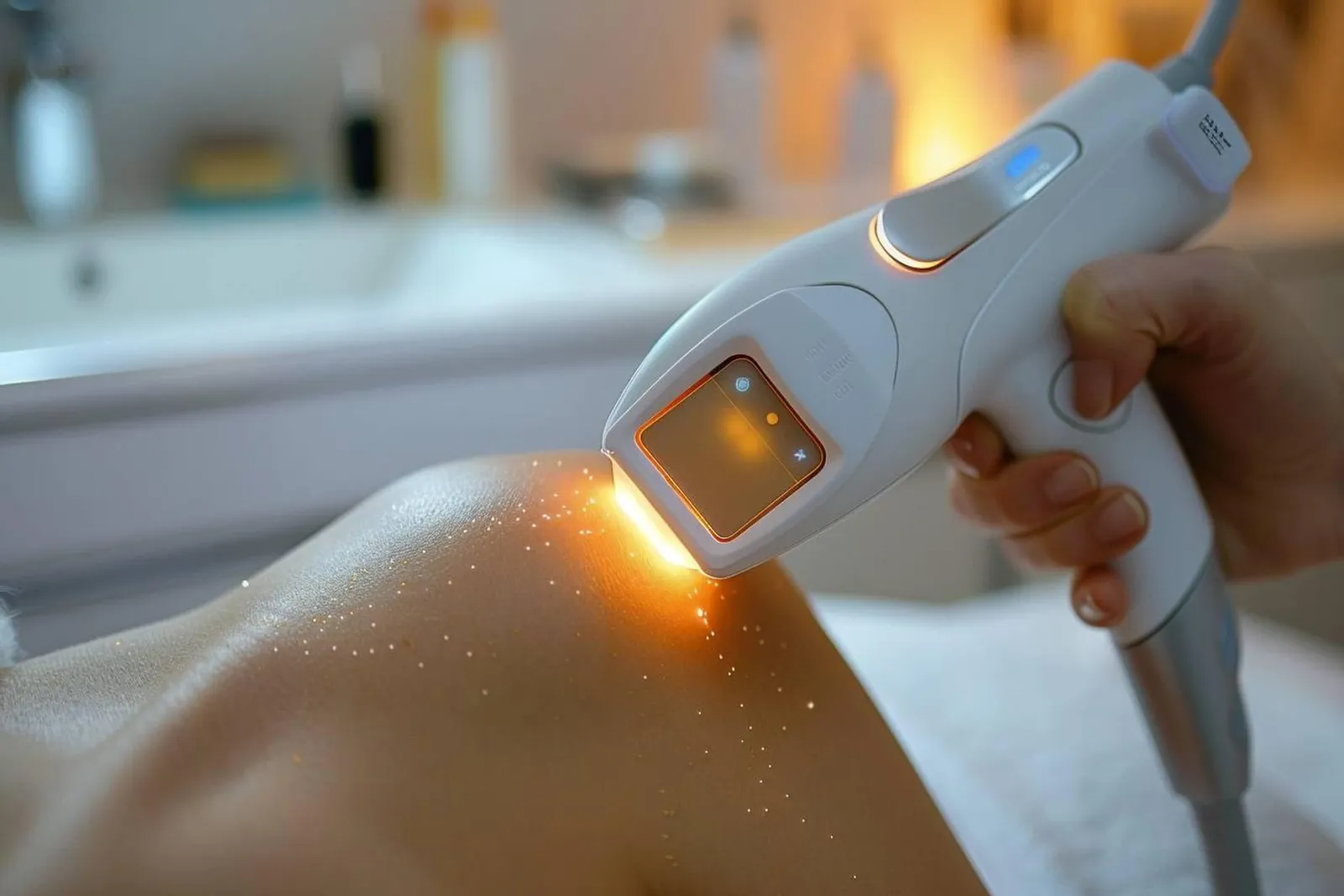 Une professionnelle présente un appareil de lumière pulsée à une patiente dans un cadre esthétique moderne et lumineux.