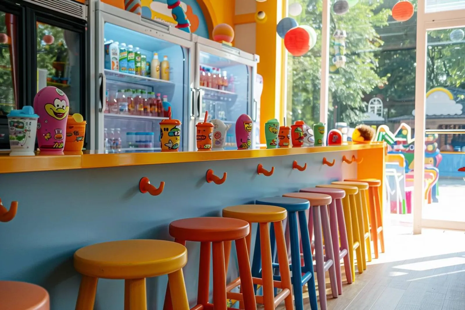 Un espace de restauration familial avec un comptoir bas pour enfants et des parents assis à proximité.