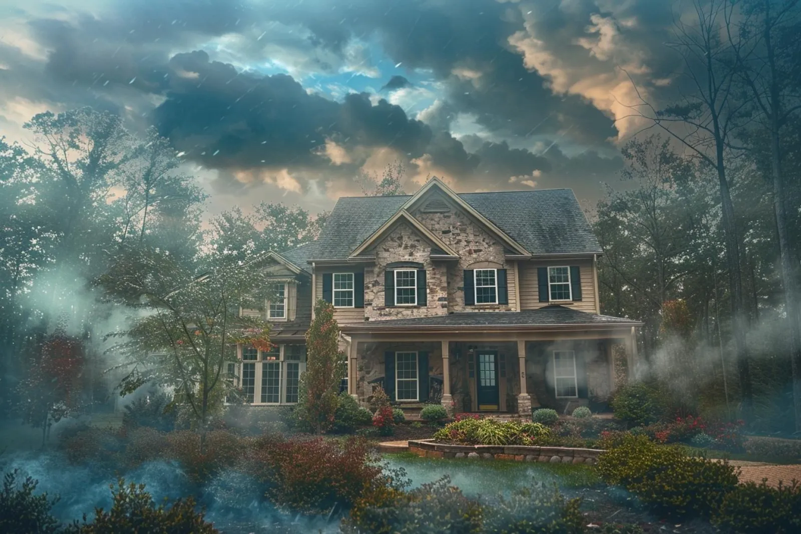 Un propriétaire examine les dégâts d’une tempête sur sa maison, avec toiture endommagée et débris dans le jardin.