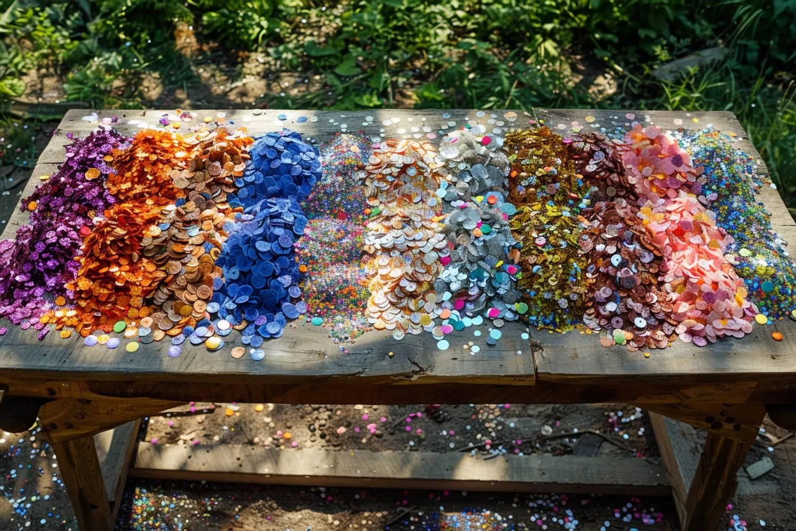 Une allée de jardin en extérieur avec des confettis biodégradables dispersés au sol lors d’une célébration en lumière naturelle.