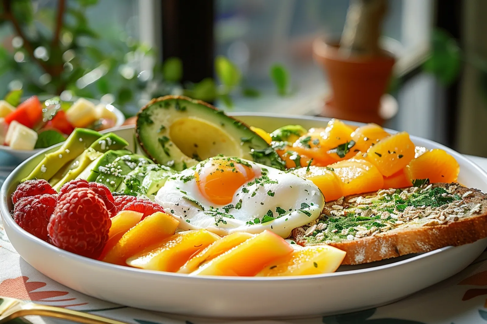 Un petit déjeuner équilibré avec œufs, yaourt nature, flocons d’avoine et fruits frais sur une table lumineuse.