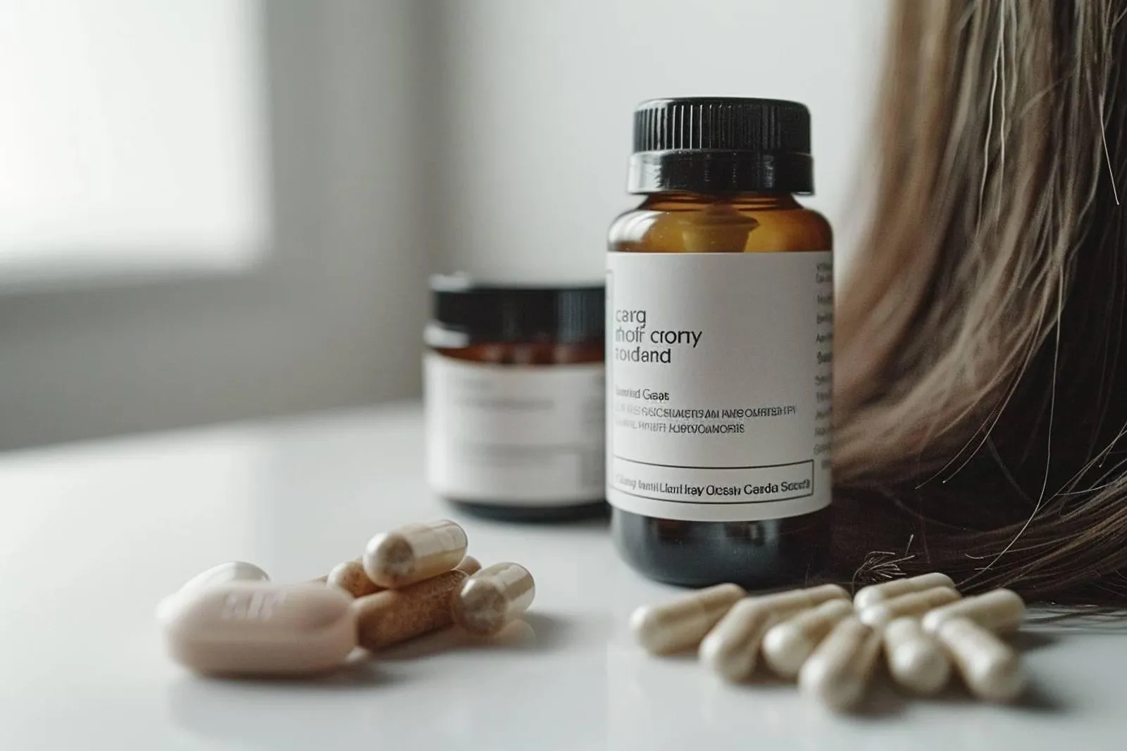 Vue réaliste d’une routine capillaire avec un complément alimentaire, un sérum et des soins topiques disposés sur une coiffeuse.