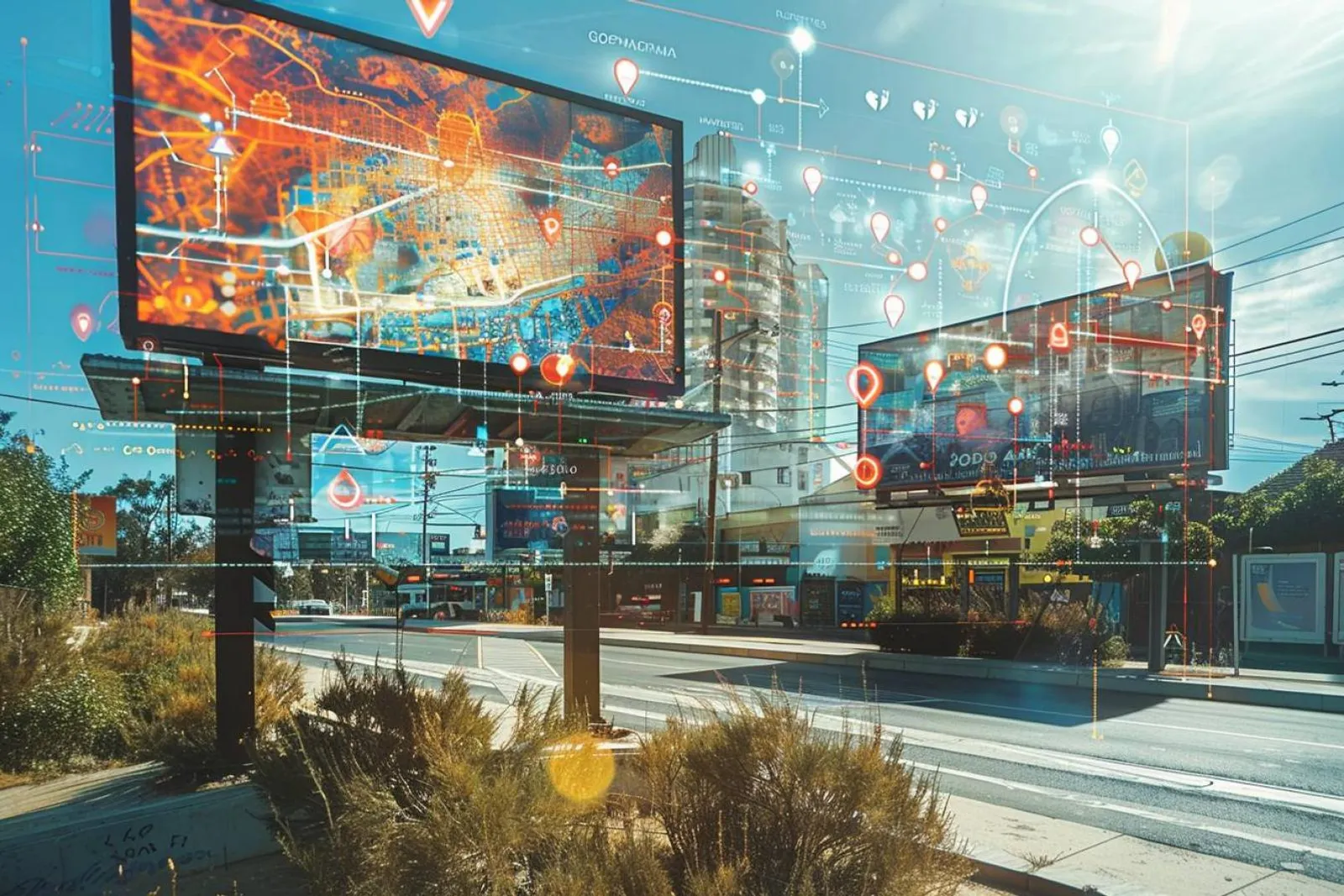 Une professionnelle analyse une carte de zones commerciales et un tableau de bord marketing sur son ordinateur.