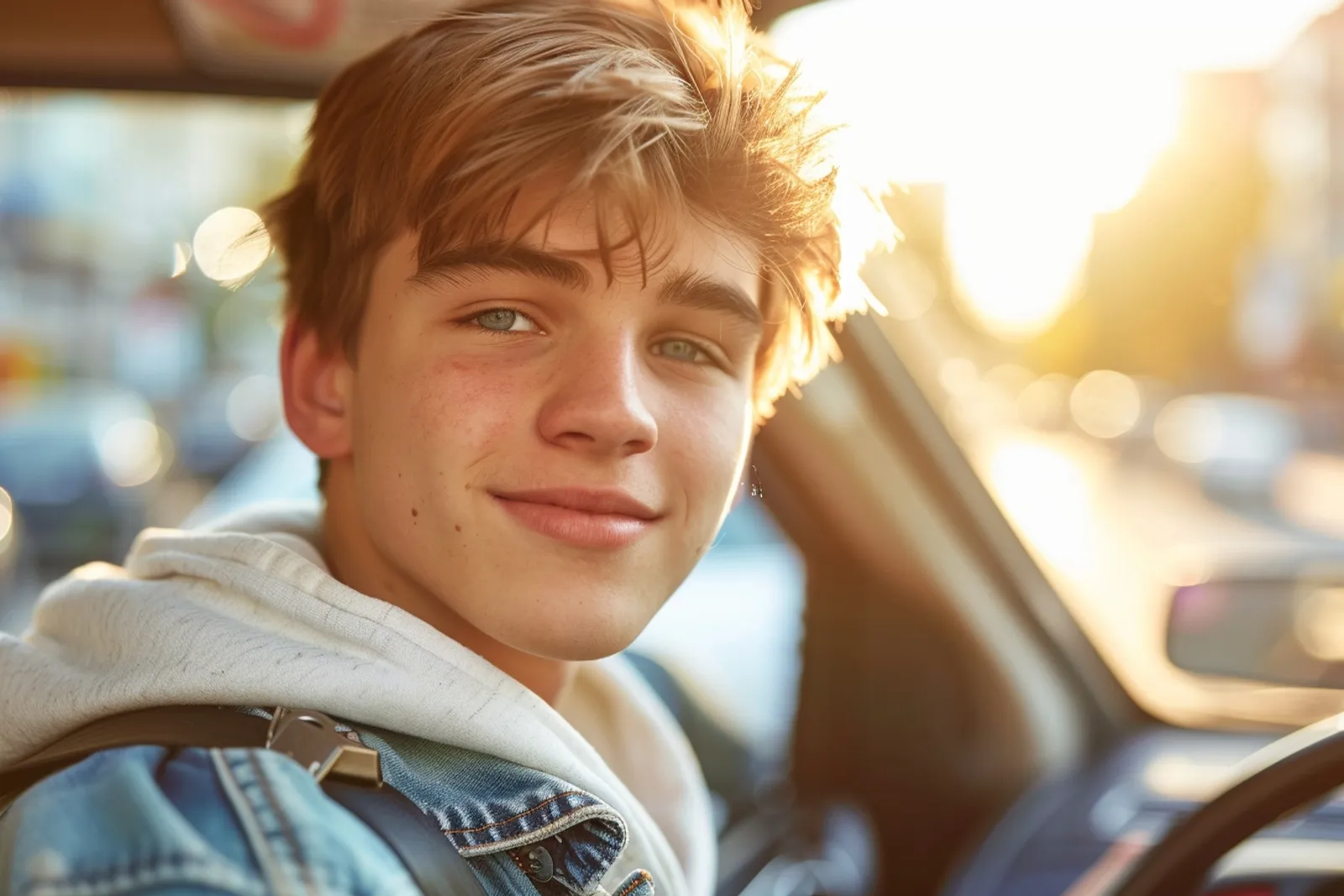 Jeune conducteur consultant son contrat d’assurance auto dans sa voiture, avec une lumière naturelle douce.