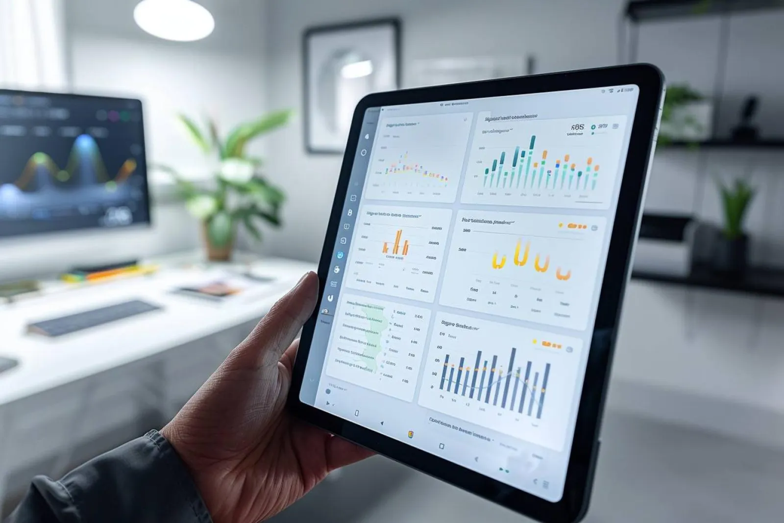 Une personne utilise une tablette sur support avec clavier externe dans un espace de travail lumineux et ordonné.