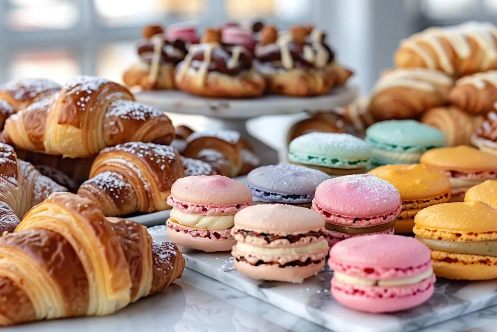Un plan de travail de pâtisserie professionnelle avec entremets, petits gâteaux et gâteau de voyage prêts à être évalués.