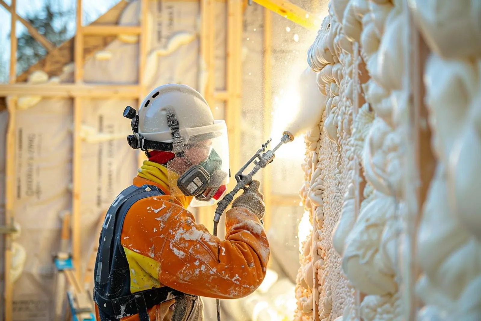 Un artisan applique une isolation en polyuréthane sur un mur intérieur lors d’un chantier de rénovation.