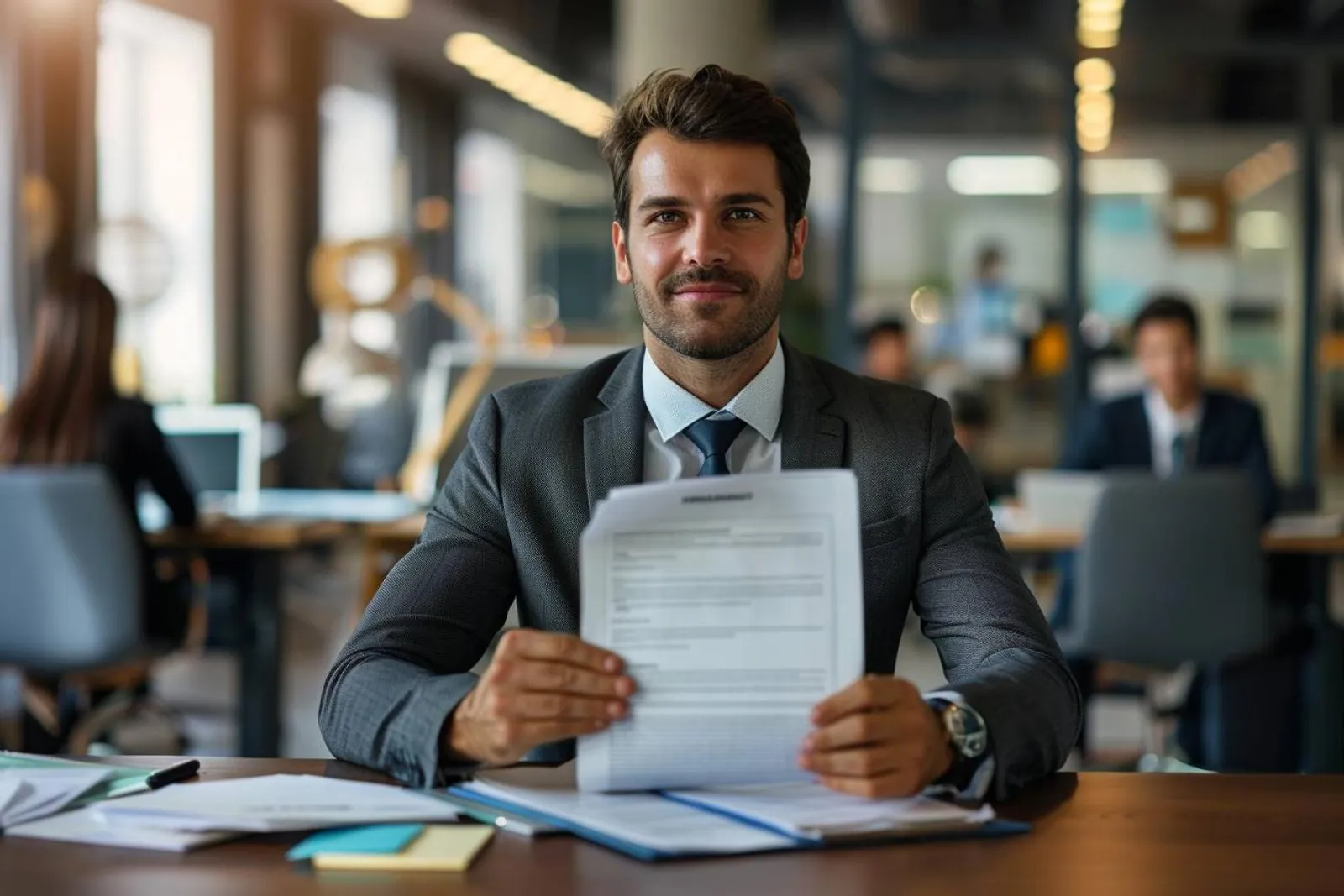 Une personne examine un dossier d’assurance à table, dans un intérieur touché par un sinistre domestique.