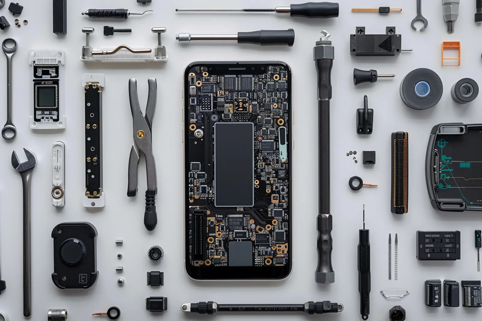 Un technicien remplace l’écran d’un téléphone sur un établi, avec batterie, tournevis de précision et petites pièces détachées alignées.