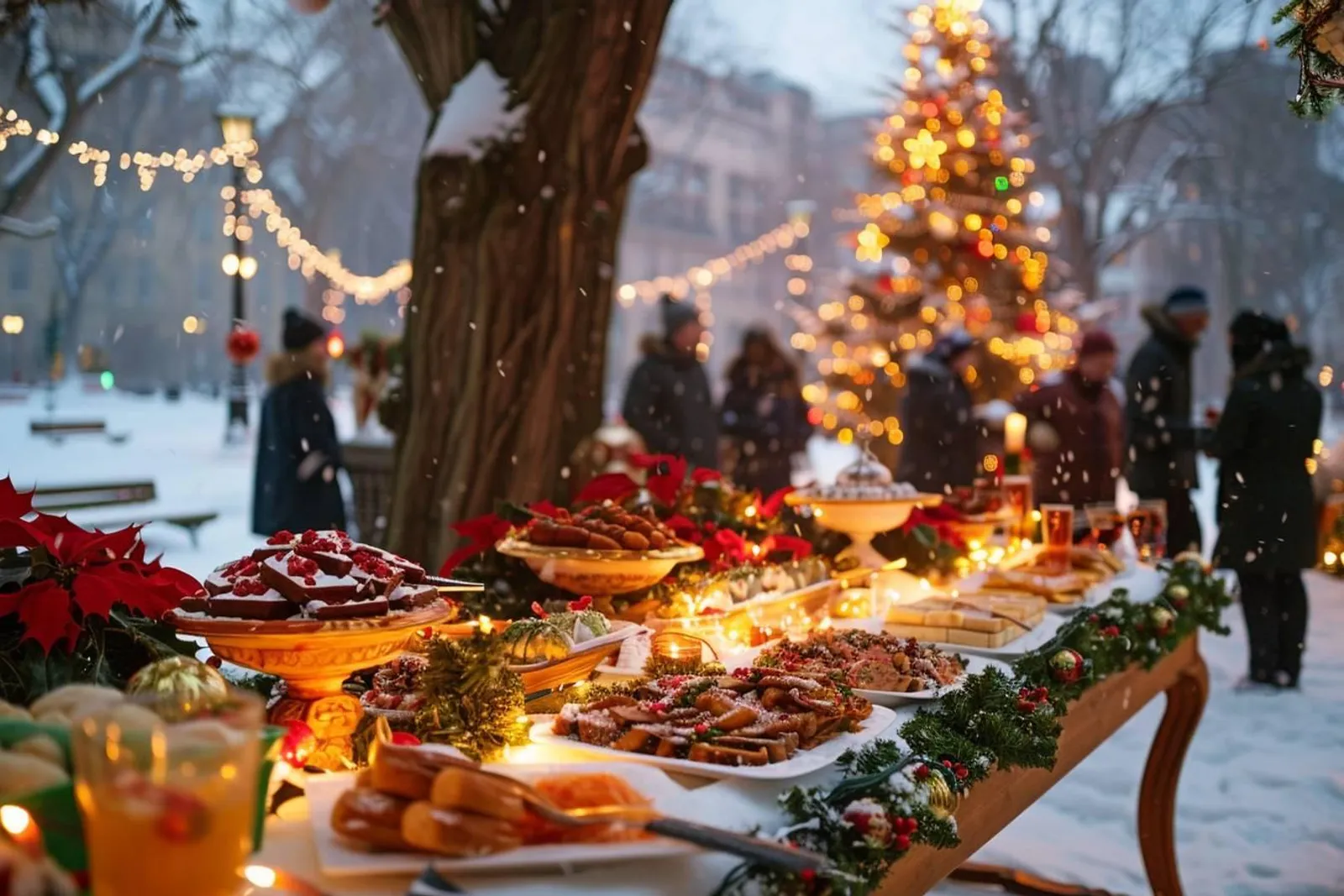 Un service de Noël en plein air avec buffet illuminé, boissons chaudes et ambiance hivernale chaleureuse.