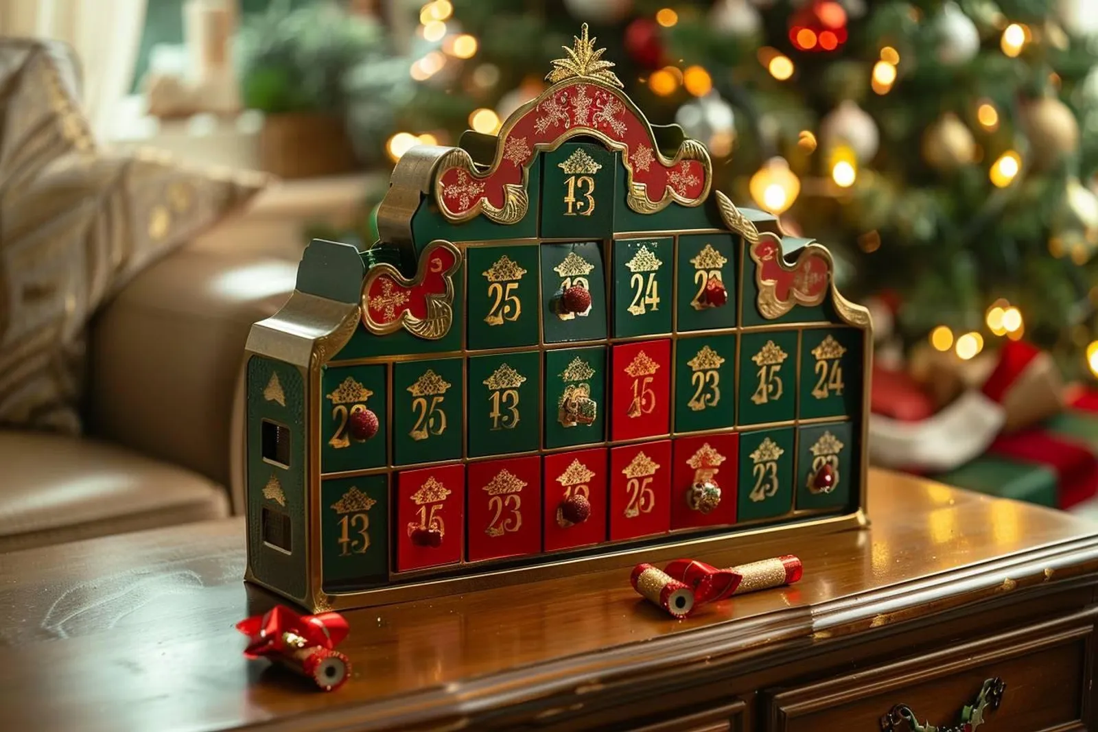 Une famille prépare un calendrier de l’Avent maison sur une table, dans une ambiance chaleureuse et naturelle.