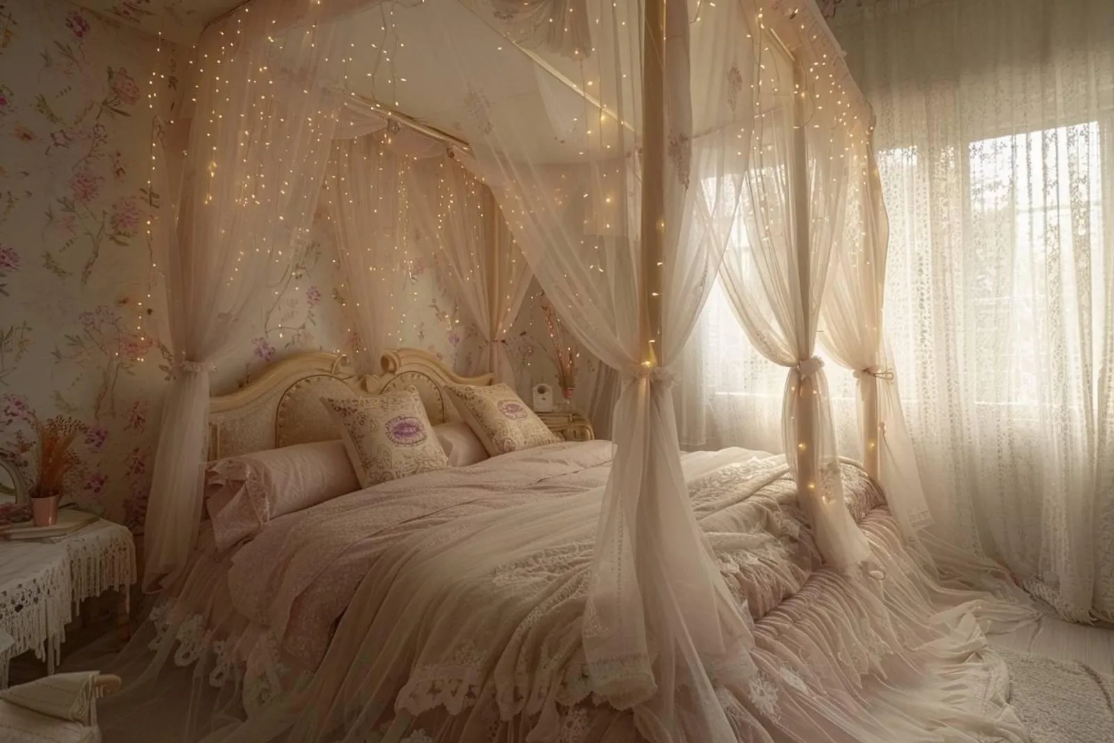 Une chambre élégante avec un ciel de lit en voile léger, des textiles coordonnés et quelques accessoires décoratifs discrets.
