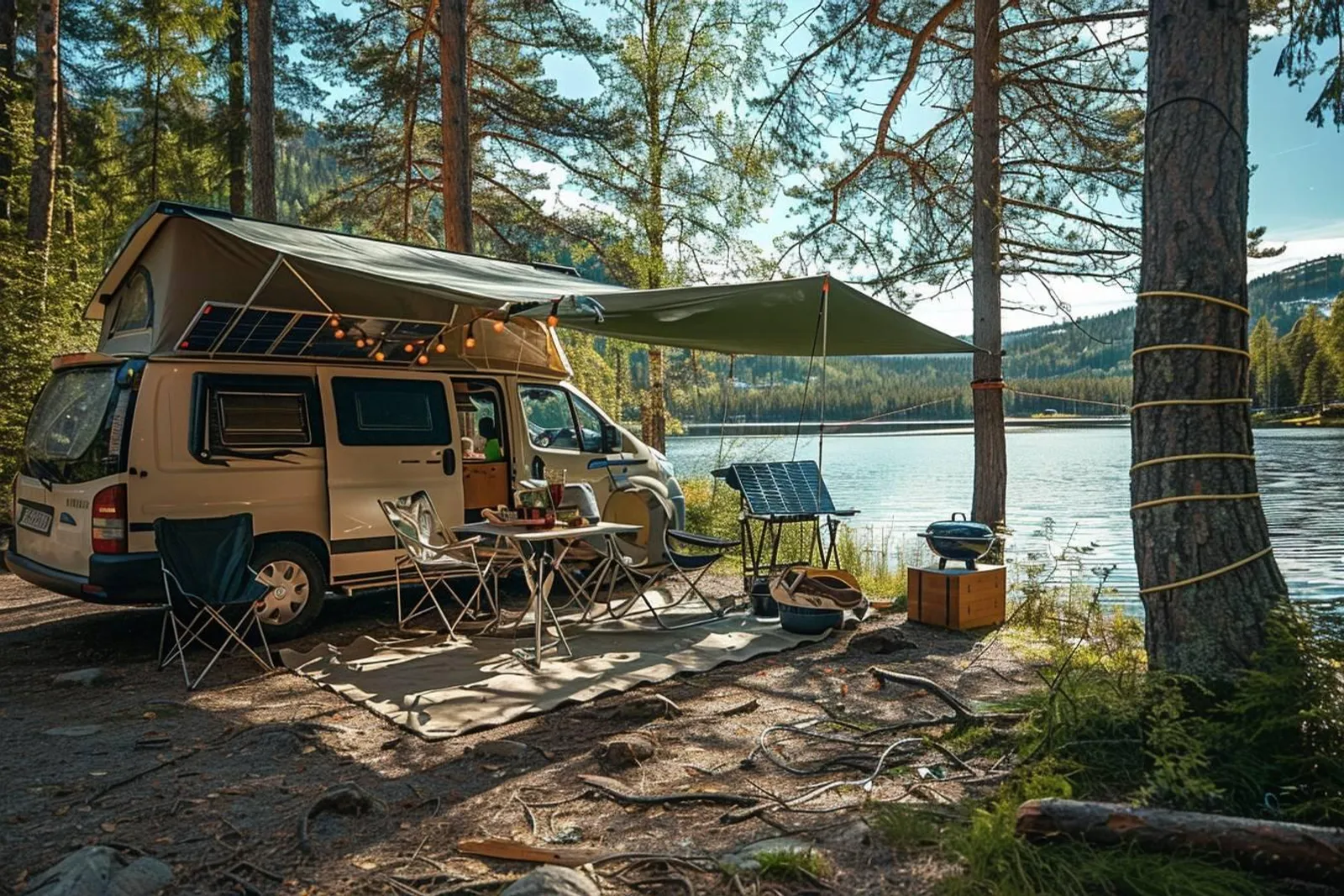 Intérieur d’un camping-car rangé avec les équipements essentiels prêts avant le départ.