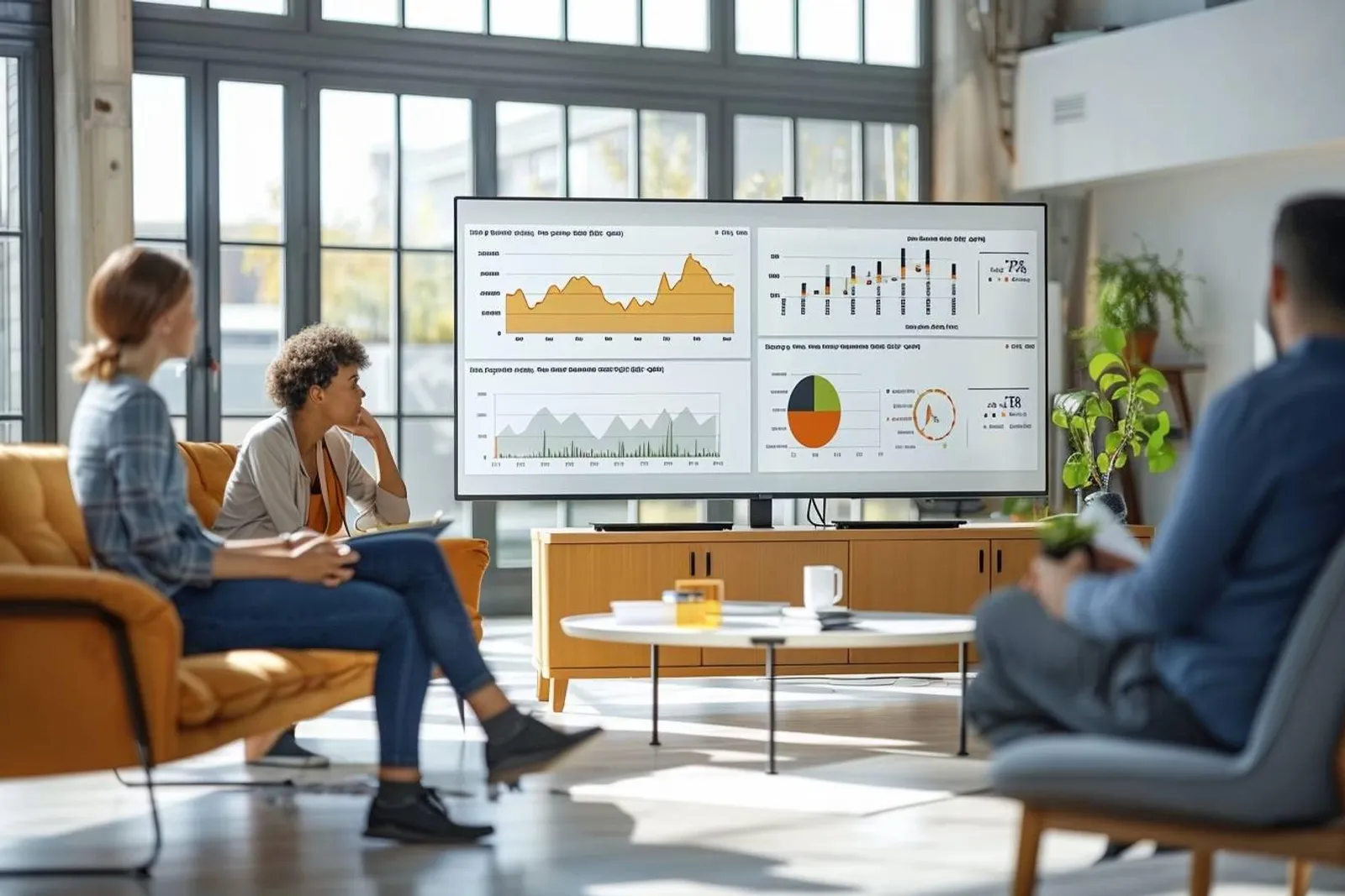 Un responsable consulte un tableau de suivi énergétique dans un bâtiment tertiaire moderne.