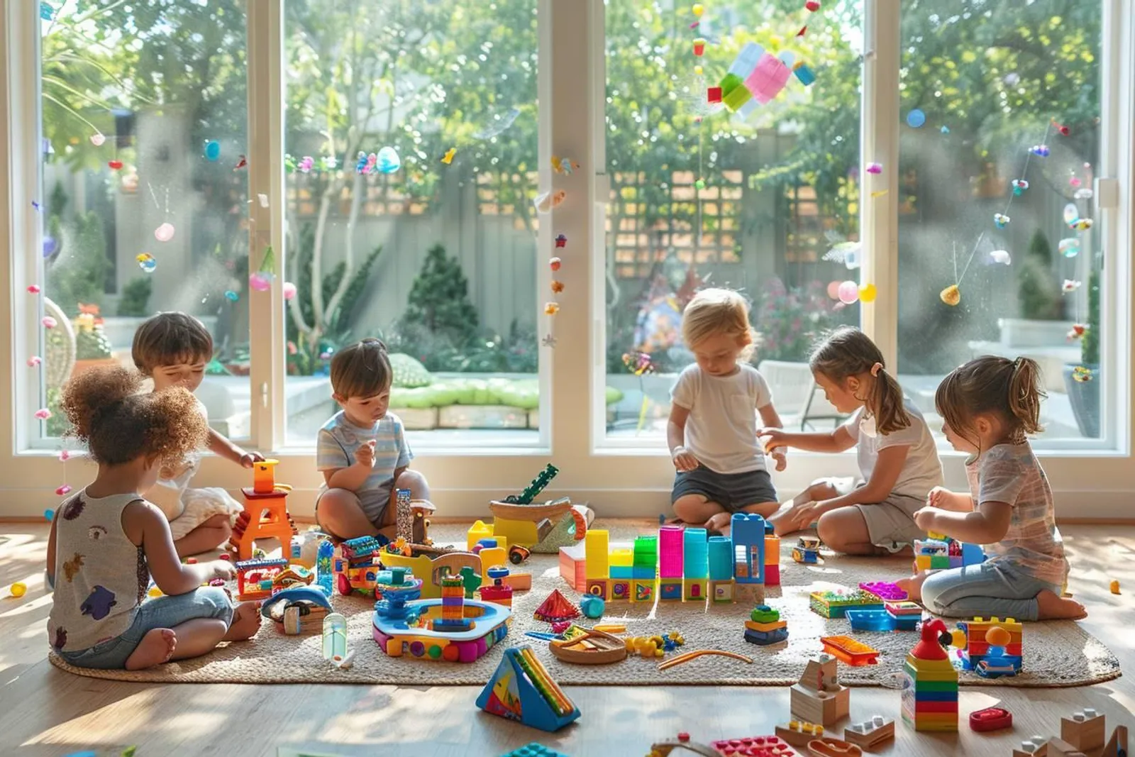 Un enfant joue au sol avec des blocs en bois, des figurines et des crayons dans un coin lumineux de la maison.