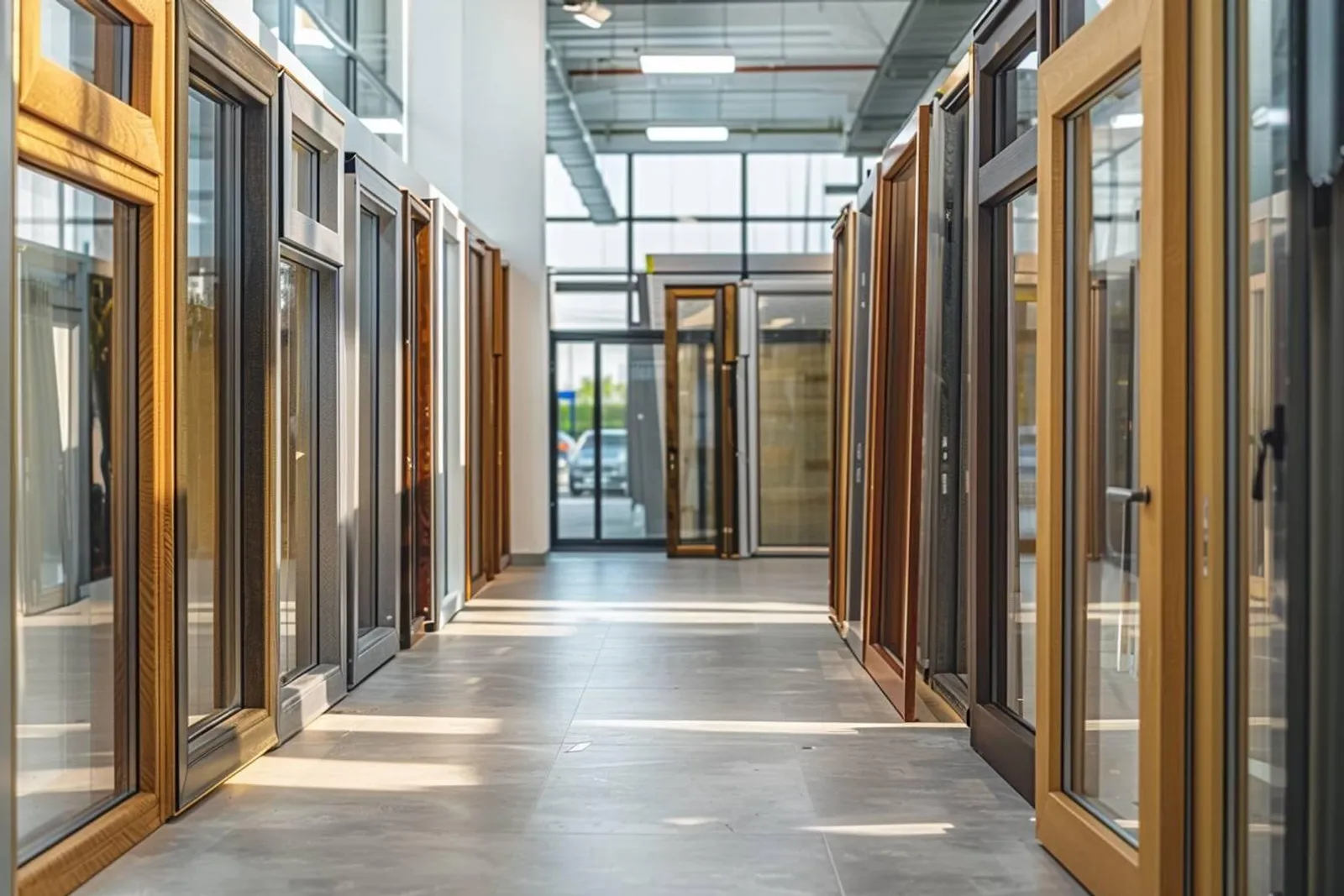 Échantillons de châssis en bois, PVC, aluminium et composite présentés sur une table en lumière naturelle.