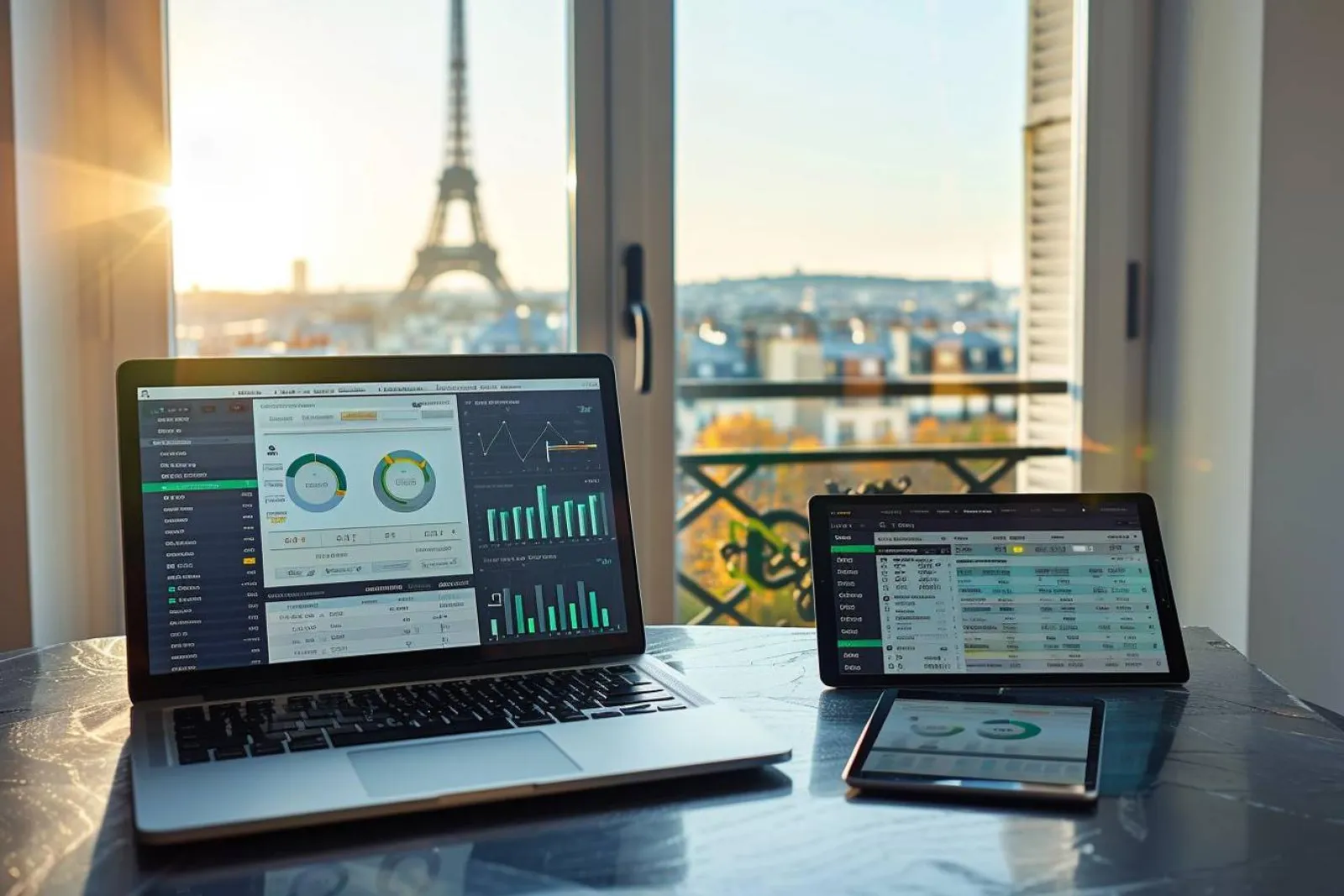 Un gestionnaire locatif à Paris travaille sur un ordinateur portable avec des documents de bail et un smartphone sur le bureau.