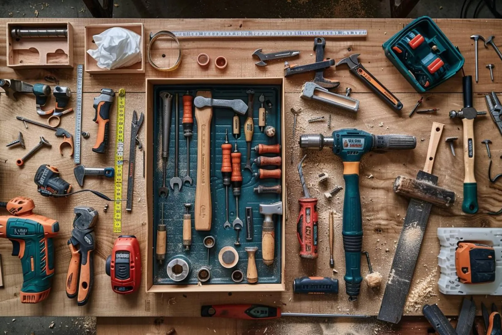 Des outils de bricolage soigneusement disposés au sol pour la pose d’un plancher en bois dans une pièce lumineuse.