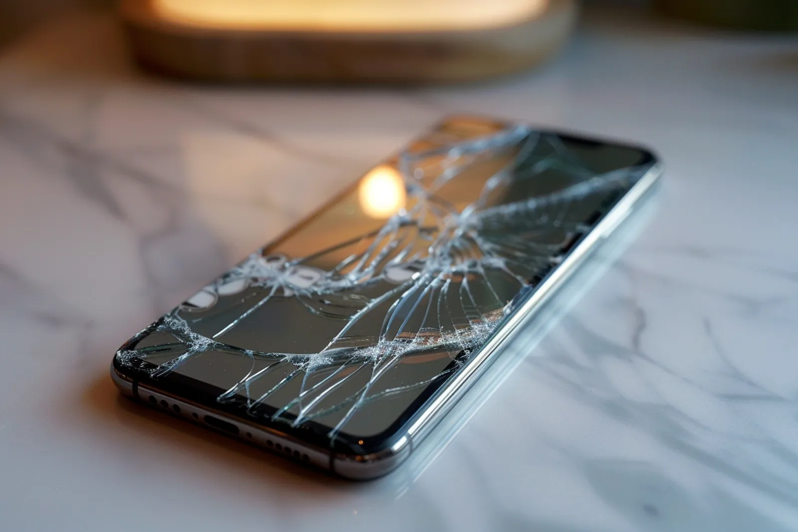 Un technicien répare l’écran fissuré d’un smartphone sur un établi, avec des outils de précision en lumière naturelle.