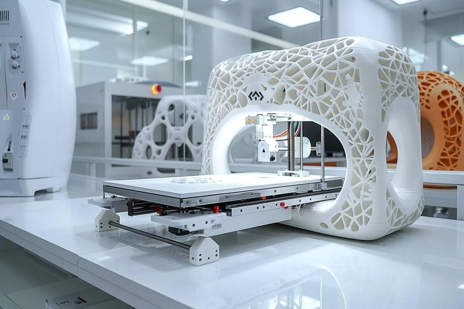 Un technicien examine une imprimante 3D SLS dans un atelier, avec des pièces poudrées sur l’établi.