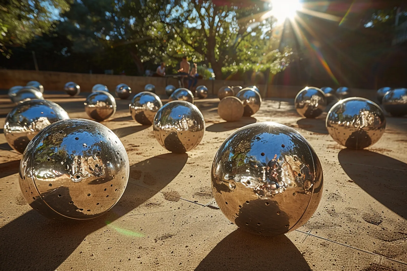Des boules de pétanque posées sur un terrain de gravier, prêtes à être choisies avant une partie.