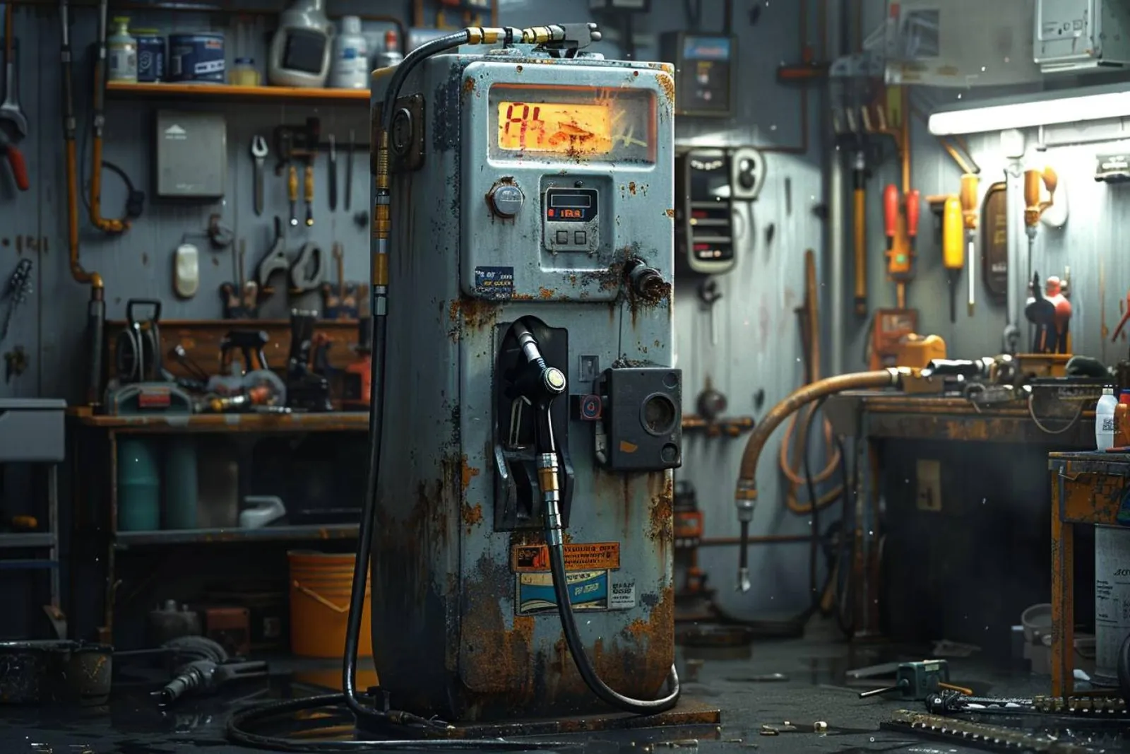 Un mécanicien examine le circuit d’alimentation d’une voiture dans un atelier, avec l’accès à la pompe à carburant ouvert.