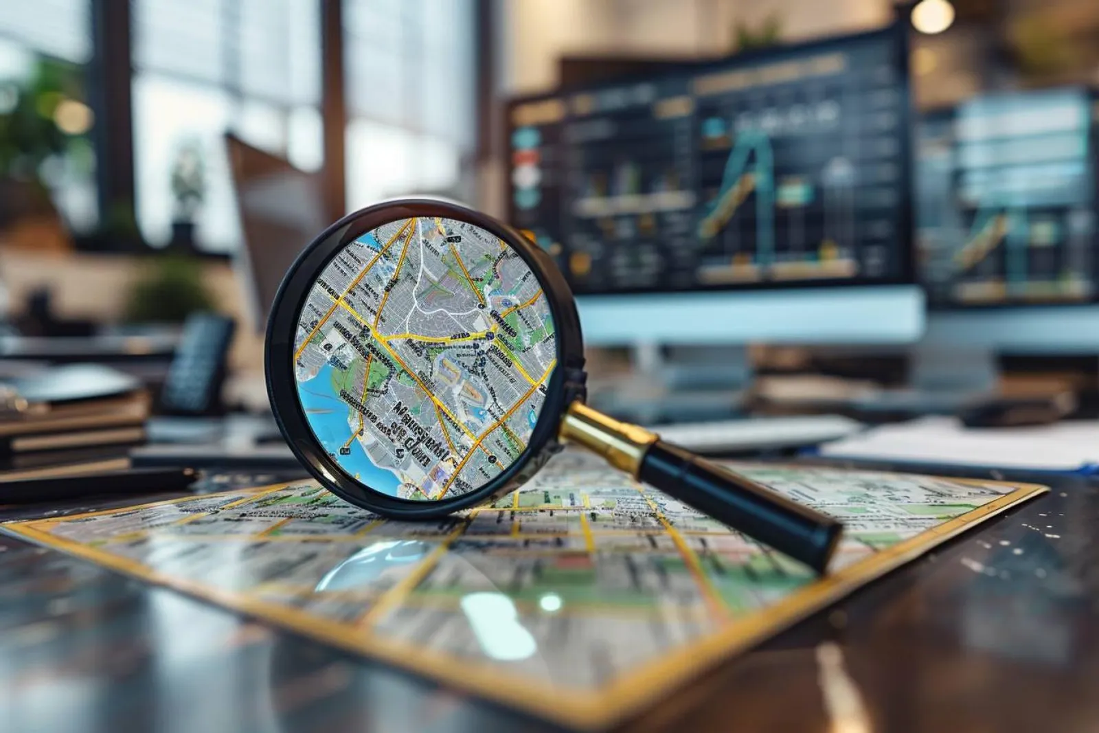 Un analyste étudie une carte urbaine et des données de zone de chalandise sur un bureau, dans un cadre professionnel lumineux.