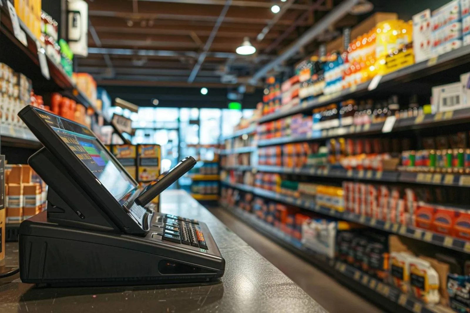 Une vendeuse utilise un point de vente tactile dans une boutique moderne, avec les rayons visibles à l’arrière-plan.