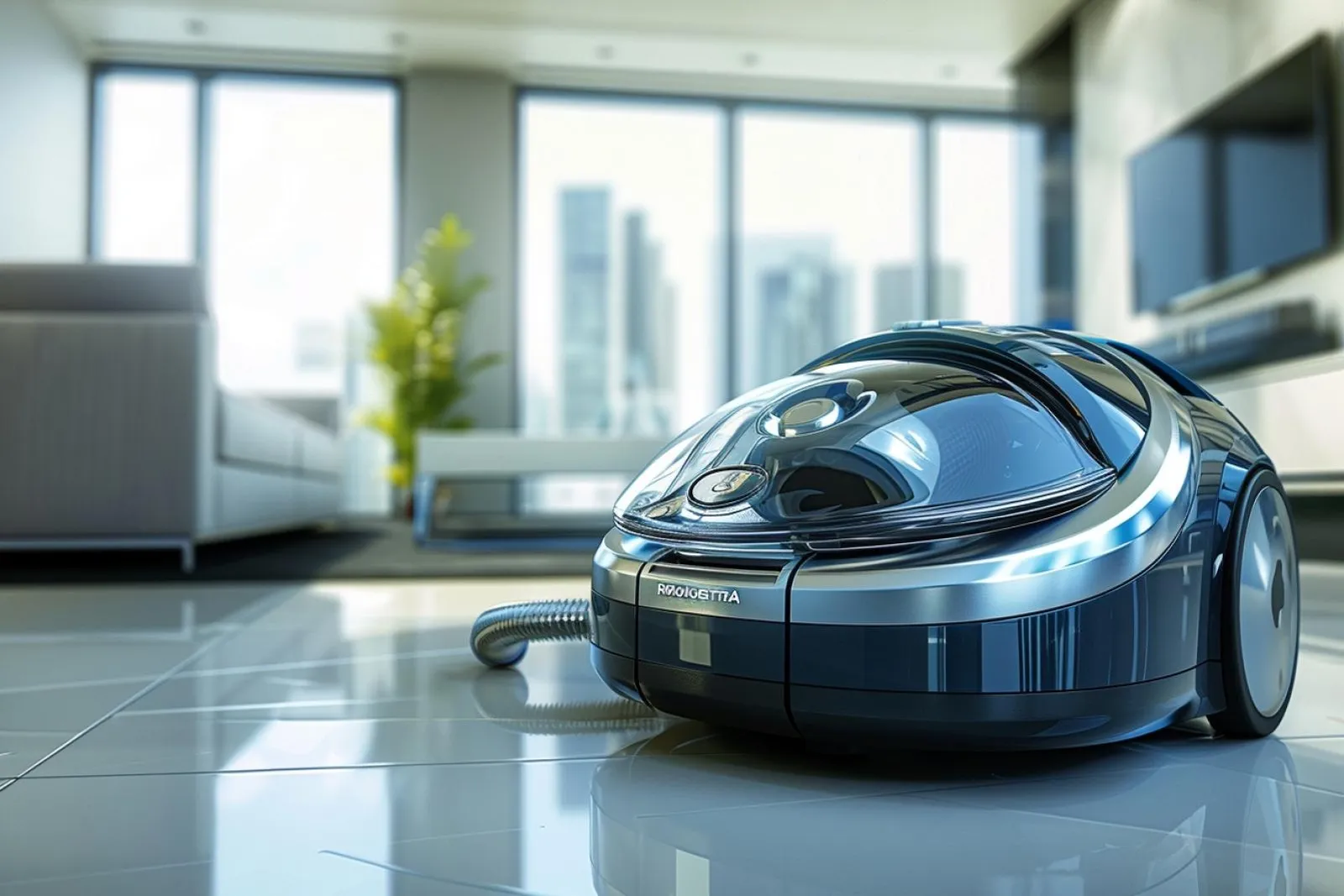 Un aspirateur moderne utilisé dans un salon lumineux, sur un sol en bois, dans une scène domestique réaliste.