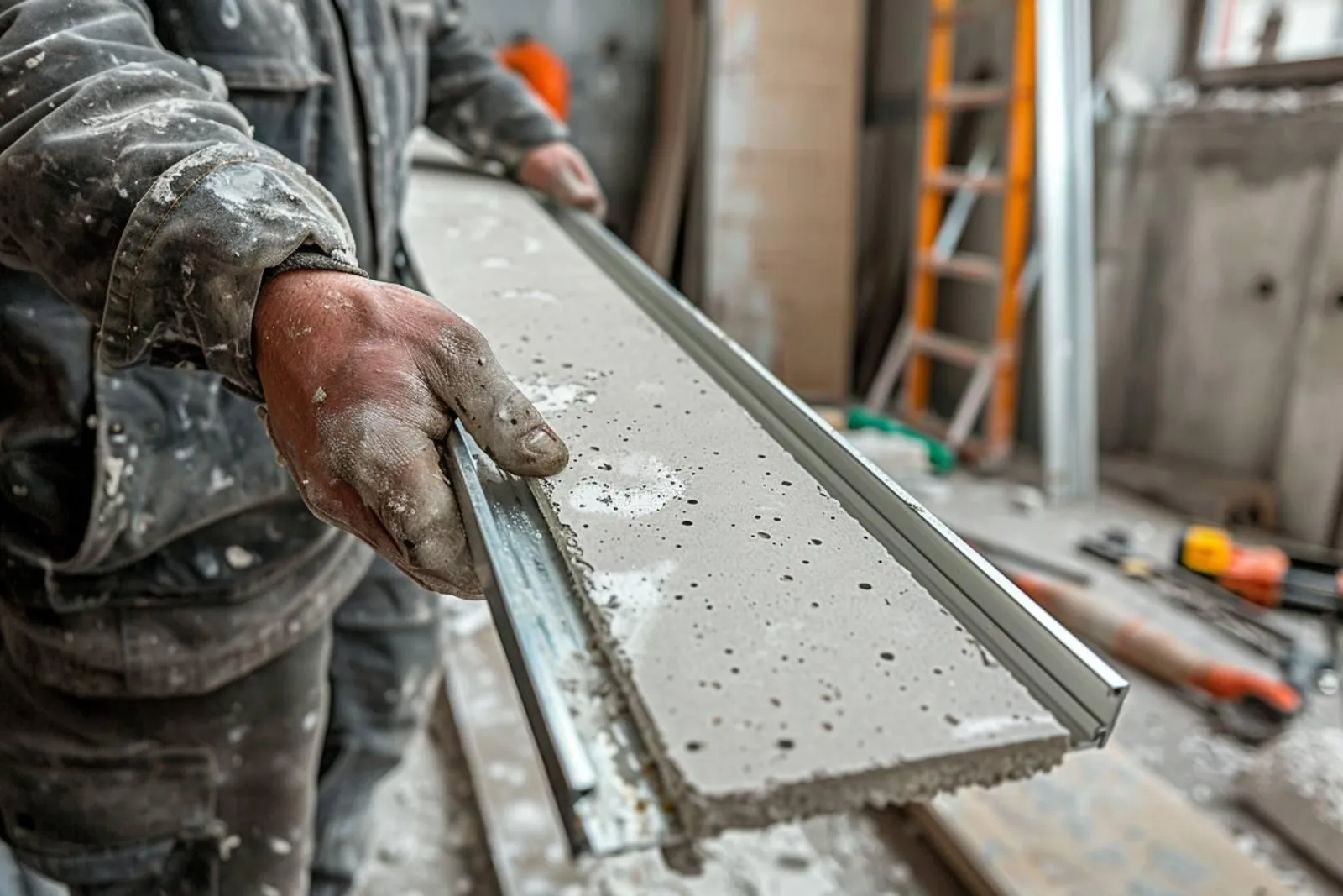 Un chantier intérieur avec pose de rails métalliques et plaques de plâtre dans une pièce en cours d’aménagement.