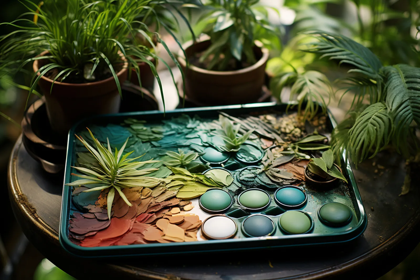 Des mains d’artiste mélangent plusieurs nuances de vert sur une palette à côté d’études de feuillage peintes sur une toile.
