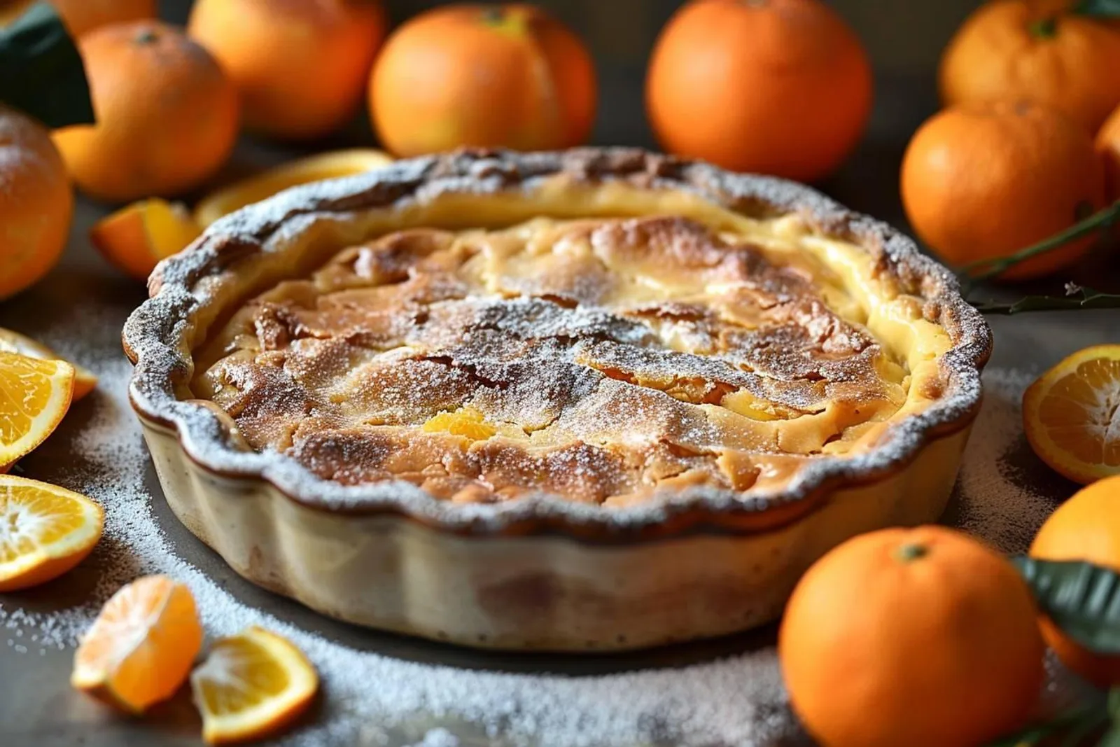 Un clafoutis à l’orange doré, servi dans un plat rond, avec des quartiers d’orange visibles à la coupe.