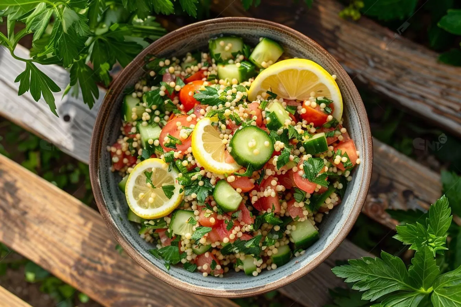 Un taboulé au sorgho frais servi dans un grand saladier, avec des herbes, des tomates et du citron autour.