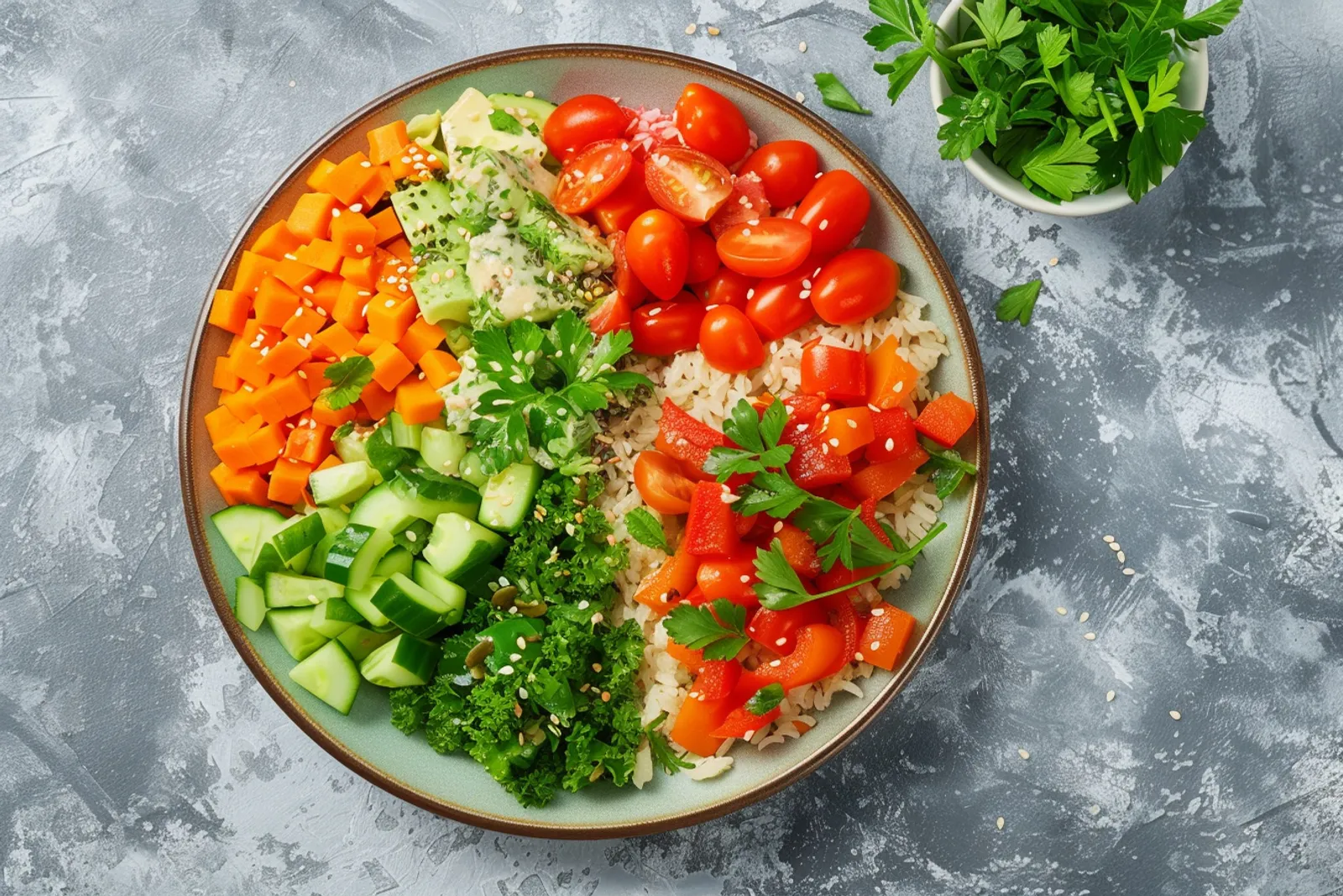 Un repas végétarien sans lactose composé de légumes rôtis, d’une sauce crémeuse végétale et de légumineuses, présenté sur une table de cuisine lumineuse.