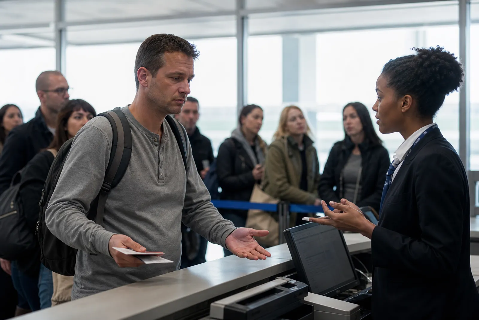 Voyageur mécontent au comptoir d'enregistrement d'un aéroport face à un agent de compagnie aérienne.