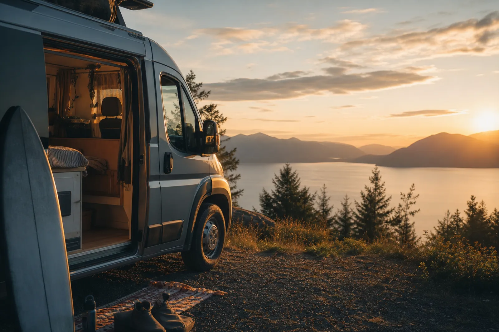 Un van aménagé garé face à un paysage naturel ouvert au lever du jour, prêt pour un road trip.