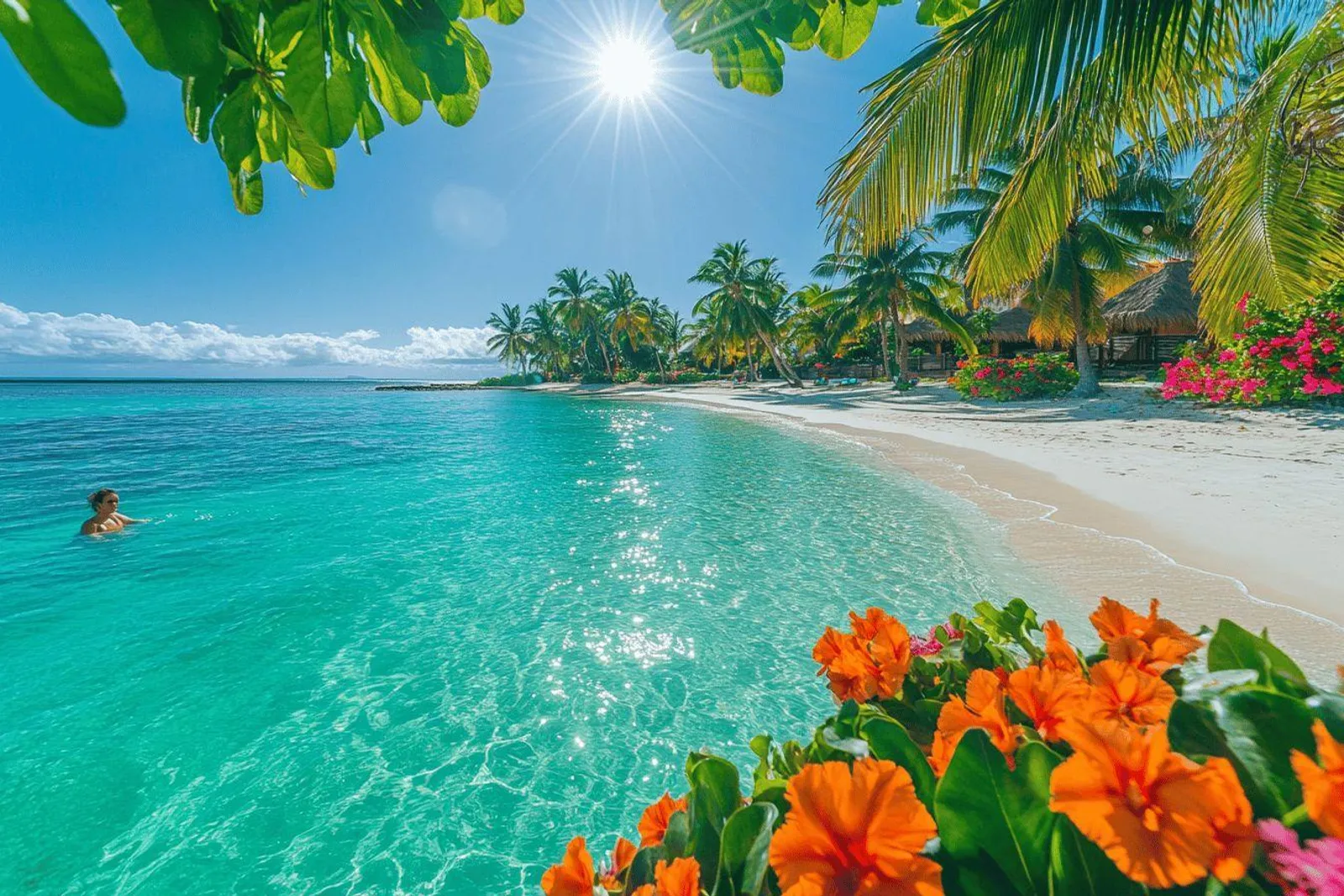 Un bungalow en bord de plage en Polynésie ouvrant directement sur un lagon turquoise et du sable blanc.