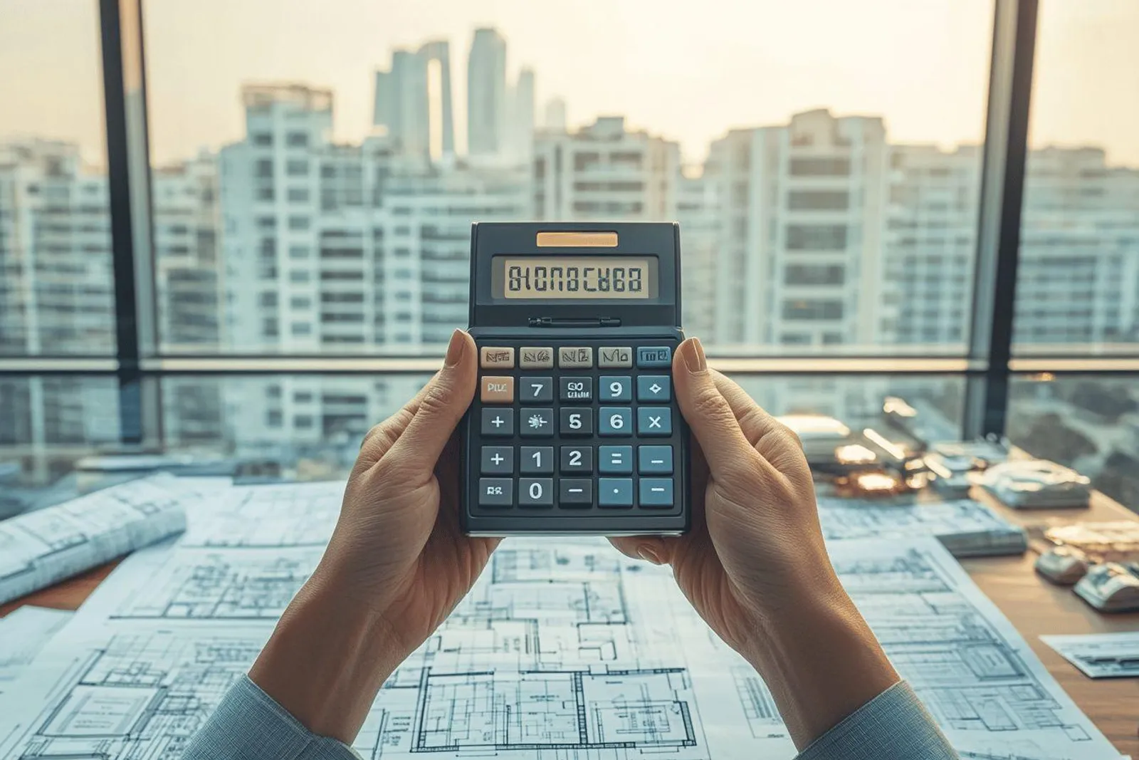 Un couple examine des documents d’achat immobilier à une table, avec un dossier, une calculatrice et des clés à proximité.